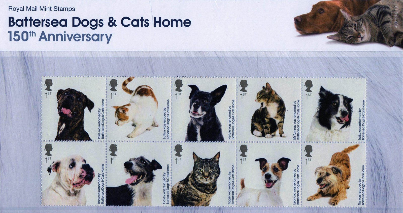 Coleção Stamps Presentations Pack da Royal Mail: Battersea-Dogs-cats-Home-150th-Anniversary