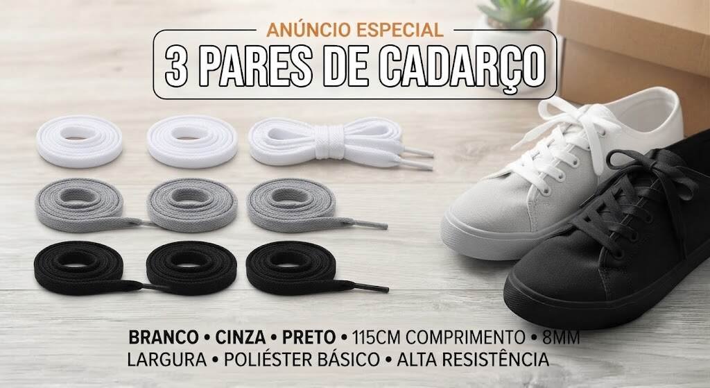 👟 Kit Exclusivo: 3 Pares de Cadarços (115cm x 8mm)