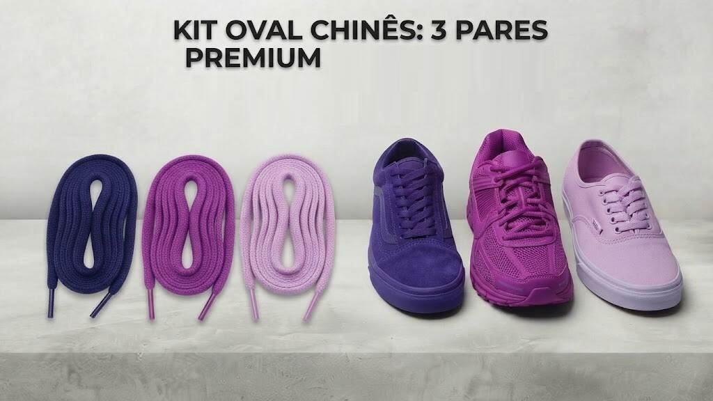Kit 3 Pares Cadarço 120cm Oval Chines Redondo Poliester -Rosa-Lilas-Roxo