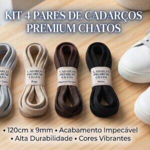 Kit 4 Pares de Cadarços Premium Chatos (120cm x 9mm) – Tons Exclusivos!
