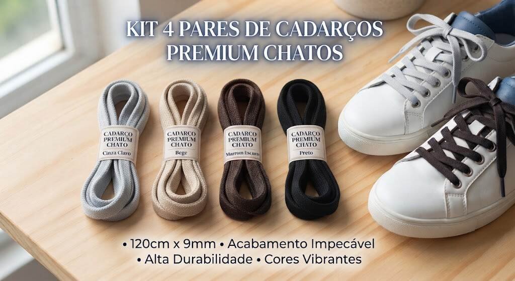 Kit 4 Pares de Cadarços Premium Chatos (120cm x 9mm) – Tons Exclusivos!