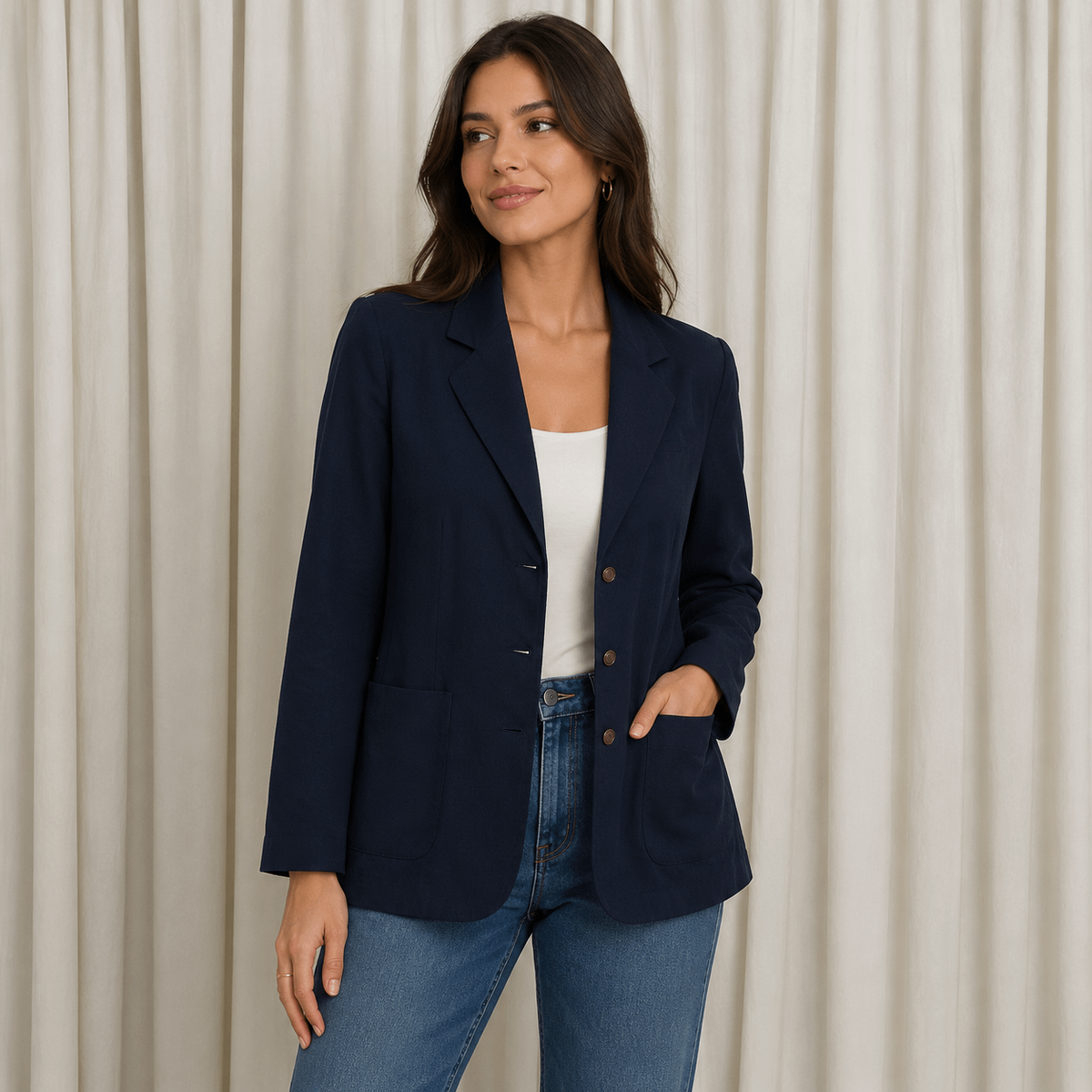 Blazer Feminino 100% Lã Alfaiataria Azul Marinho Alongado Tam: 44
